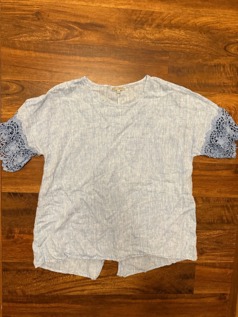 Light Blue Linen Blend Top with Lace Sleeve Detail - Women